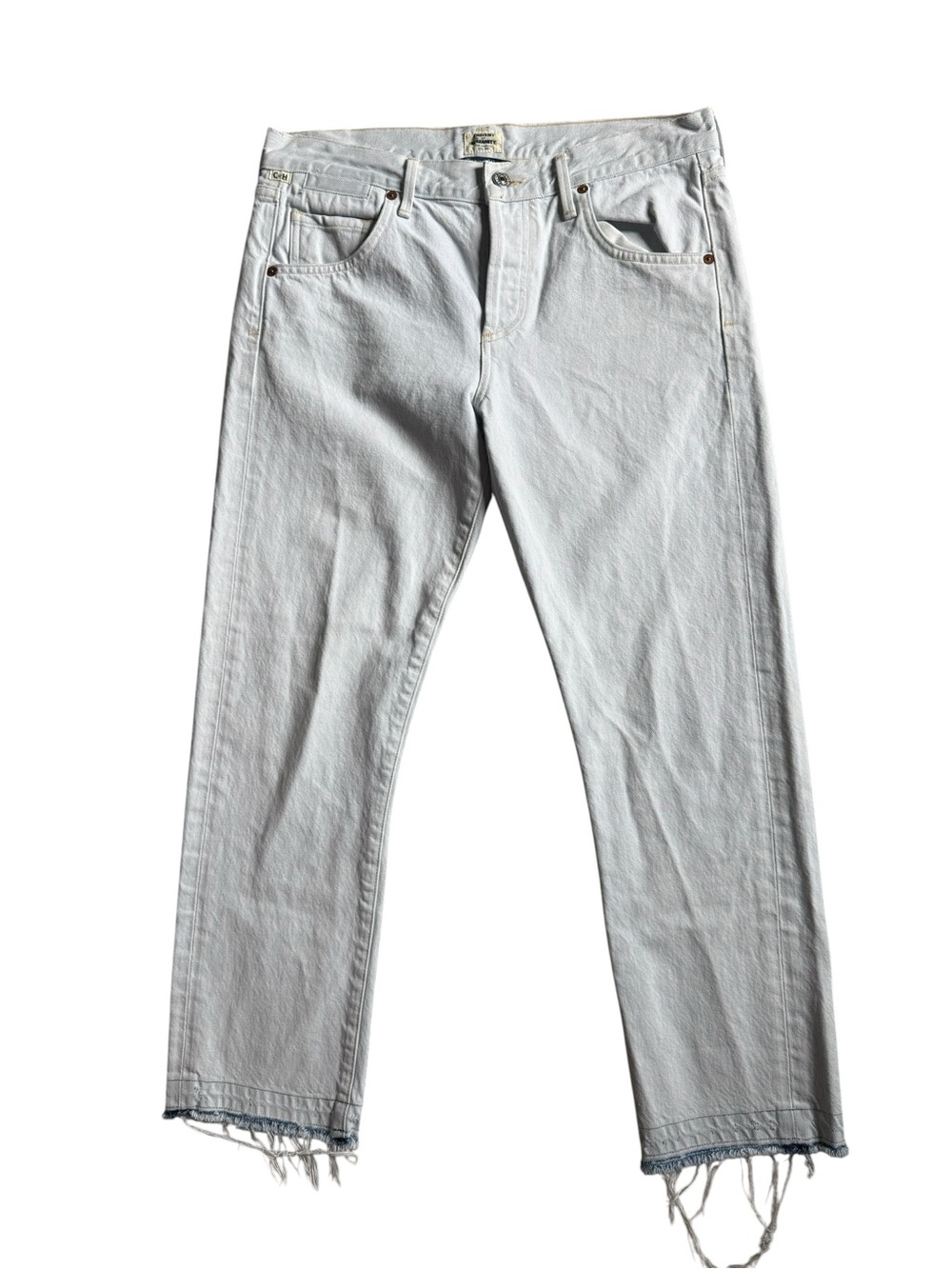 Citizens of Humanity Light Blue High Waisted Raw Hem Straight Leg Jean, Size 27